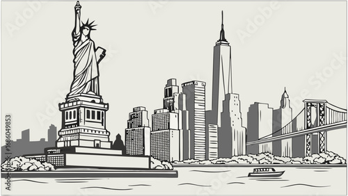 Black and white illustration of a city skyline featuring a famous statue skyscrapers and a bridge.