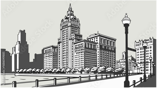 Black and white illustration of a cityscape with tall buildings trees and lampposts.