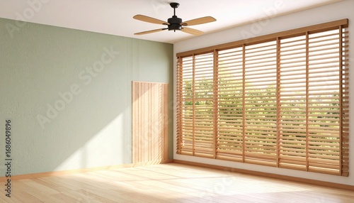Bright Room Interior Design with Wood Floor and Bamboo Blinds