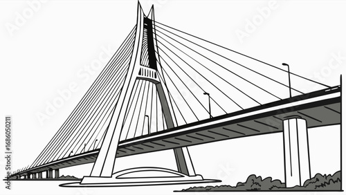 Cable-stayed bridge illustration architectural drawing engineering design infrastructure transportation modern architecture vector illustration black and white graphic design construction cityscape u.
