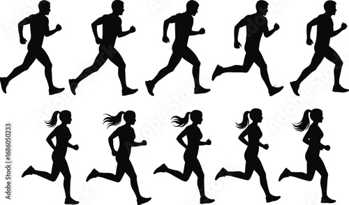 Running silhouettes of men and women in motion, jogging, exercise, workout poses, healthy lifestyle graphic - flat vector illustration