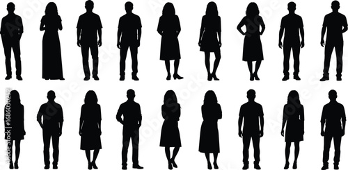 Silhouettes of men and women standing in casual and formal outfits, people in various poses for design - flat vector illustration