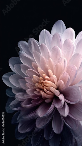 A delicate, close-up view of a flower's intricate petals, showcasing a spectrum of soft, muted pinks and purples against a dramatic black backdrop.