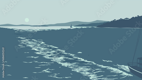 Calm Sea Boat Wake Coastal Landscape Serenity Ocean View Summer Vacation Illustration.