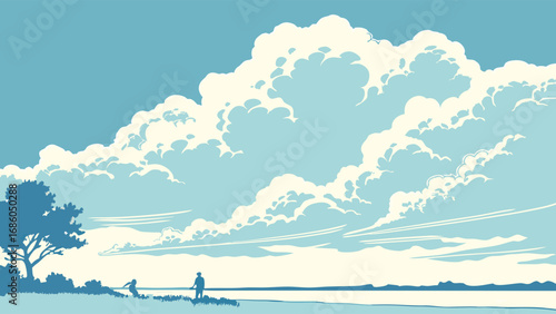 Calm Seascape with Puffy Clouds and Silhouettes of People.