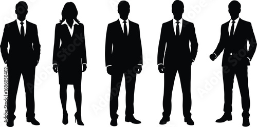 Silhouettes of business professionals in suits, male and female corporate team, standing formal poses, flat vector illustration for design.