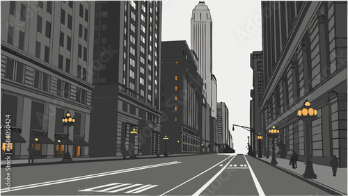 City Street at Dusk Urban Landscape Vector Illustration Buildings Road Pedestrians.
