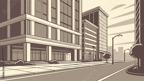 City street scene modern buildings urban landscape vector illustration architectural design cityscape downtown streetlights road sidewalk business district commercial buildings urban environment city.