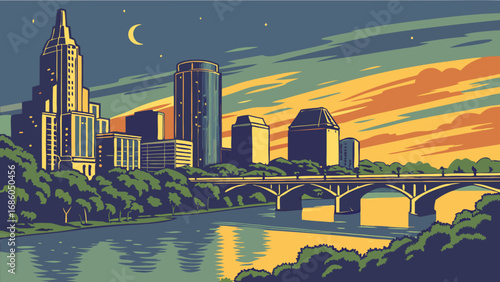 Cityscape at Dusk River Bridge Skyline Urban Landscape Night Scene Vector Illustration Graphic Design Modern City Buildings Trees Water Reflection Sunset Evening Calm Peaceful Tranquil Serene Colorfu.