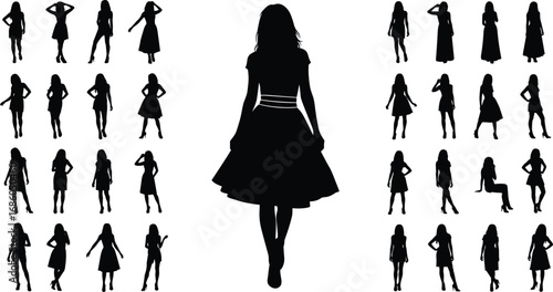 Female model silhouette collection in various poses, fashion dress figure set, black vector woman icons, flat vector illustration