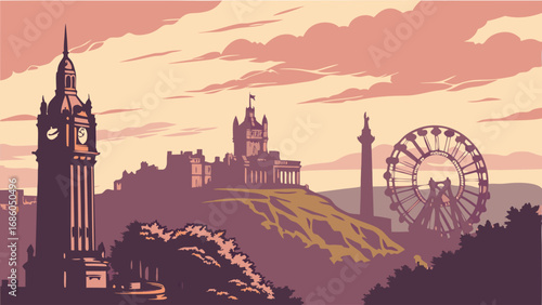 Cityscape at Sunset with Clock Tower Castle and Ferris Wheel.