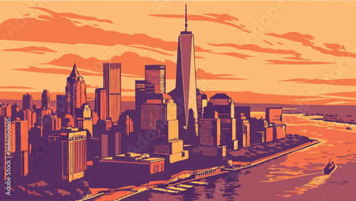 Cityscape at Sunset Urban Skyline Illustration Modern Architecture Vector Art.