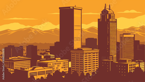Cityscape at Sunset Urban Skyline with Mountains in Background Graphic Illustration.