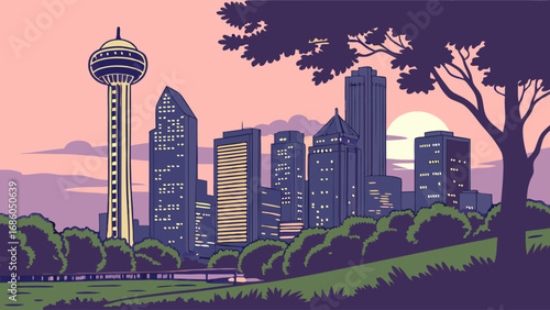 Cityscape at Sunset Urban Skyline with Tower and Trees Evening City View Illustration.