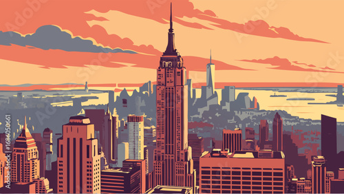Cityscape at Sunset Urban Skyline High-Rise Buildings Evening View Modern Architecture Vintage Style Illustration.