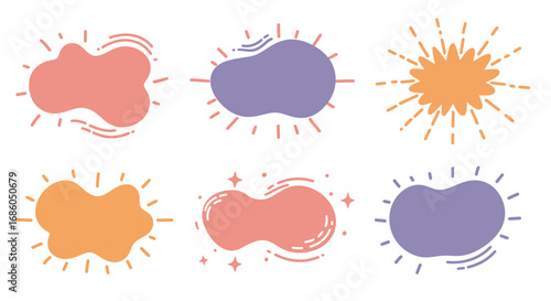 Set of six colorful abstract blob shapes with radiating lines and starburst effects, suitable for graphic design elements or text backgrounds.