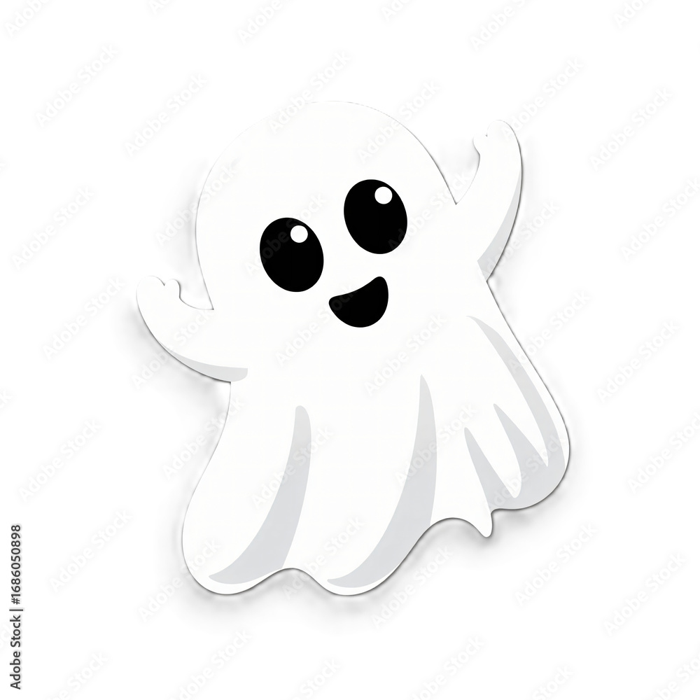 Obraz premium Cute Cartoon Ghost Character Waving Happily, Isolated on Transparent Background