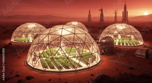 Space colonies on Mars with glowing biodomes, with astronauts farming under red skies with dust haze and soft crimson sunlight.