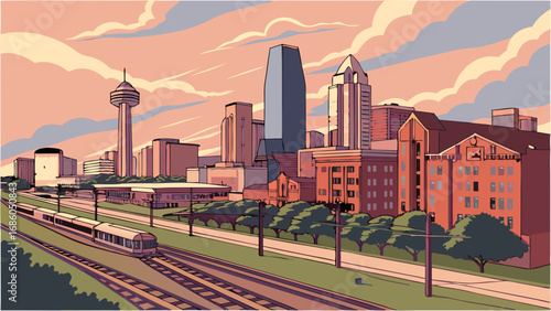 Cityscape Illustration Train Skyscrapers and Sunset.