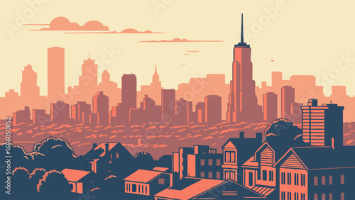 Cityscape Illustration Urban Skyline at Sunset with Suburban Homes.