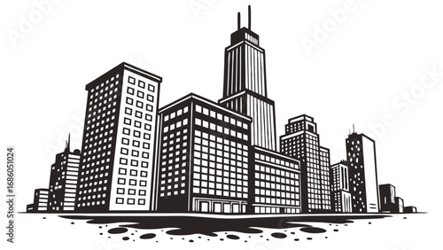 Cityscape illustration urban skyline black and white graphic design modern city buildings architectural illustration vector art city buildings illustration urban design downtown metropolis skyscraper.