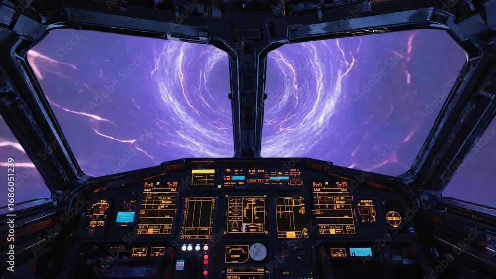 Sci-fi spaceship cockpit facing a glowing purple wormhole surrounded by lightning-like energy, advanced space travel technology, intergalactic exploration, and the mysteries of deep space phenomena.