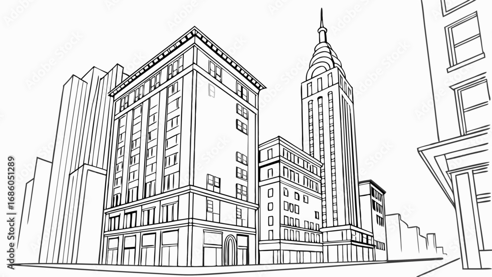Fototapeta premium Cityscape Sketch Urban Architecture Line Art Black and White Building Illustration Modern and Classic Building Designs.