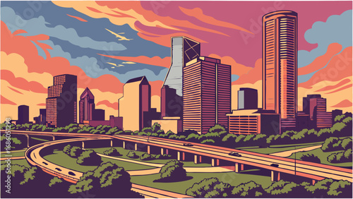 Cityscape Skyline at Sunset with Highway.