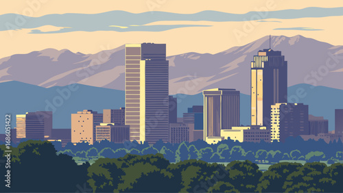 Cityscape Skyline with Mountains at Sunset Urban Landscape Illustration Modern City Design.