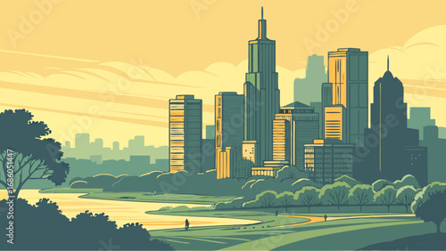 Cityscape Skyline with River and Park at Sunset.