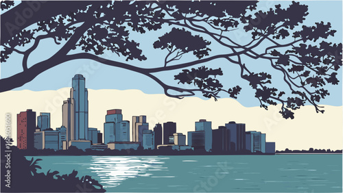 Cityscape viewed from across a body of water framed by tree branches.