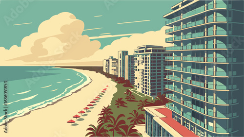 Coastal Beachfront Resort Illustration Summer Vacation Tropical Paradise Ocean View High-Rise Buildings Palm Trees Sandy Beach Holiday Destination Summertime Scene Travel Poster Design Tourism Vacati.