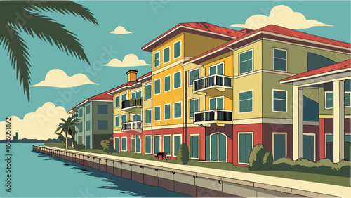 Coastal Buildings Waterfront Apartments Summer Vacation Tropical Scene Seaside Architecture Illustration.