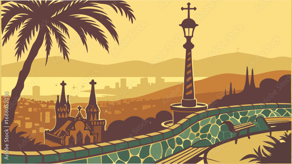 Naklejka premium Coastal Cityscape View with Palm Tree Church and Lamppost at Sunset.