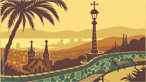 Coastal Cityscape View with Palm Tree Church and Lamppost at Sunset.