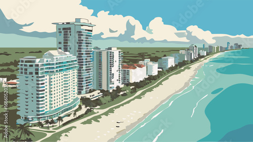 Coastal Cityscape Oceanfront Buildings Beach and Sky View.