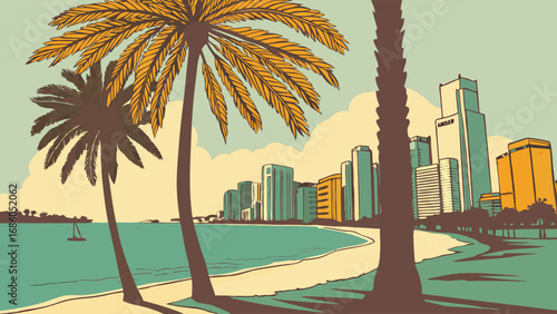 Coastal Cityscape with Palm Trees and Beach Scene Tropical Vacation Illustration.