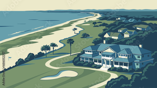 Coastal Estate Oceanfront Golf Course Luxury Home Beachfront Property Tropical Landscape Illustration.
