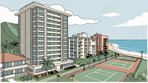 Coastal High-Rise Apartments Ocean View Tennis Courts Tropical Illustration.