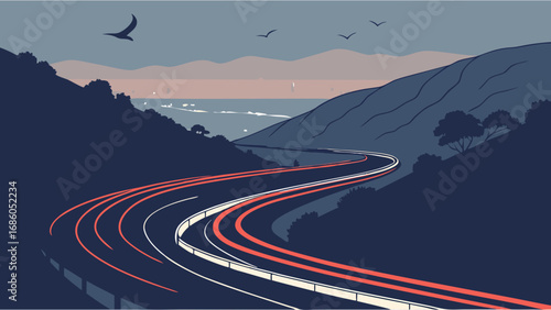 Coastal Highway at Dusk Winding Road with Tail Lights and Ocean View.