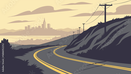 Coastal Highway Winding Road City Skyline View Vector Illustration.