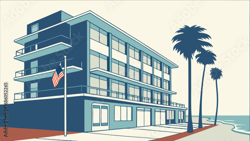 Coastal Hotel Building Oceanfront Property Palm Trees Summer Vacation Beachside Architecture Illustration.