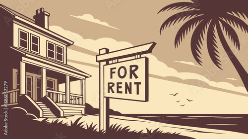 Coastal House For Rent Beachfront Property Vacation Rental Summer Home Illustration Real Estate Marketing.