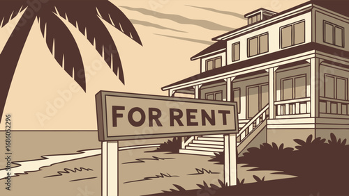 Coastal House For Rent Tropical Beachfront Property Illustration Vacation Rental Sign Summer Home Real Estate Marketing.