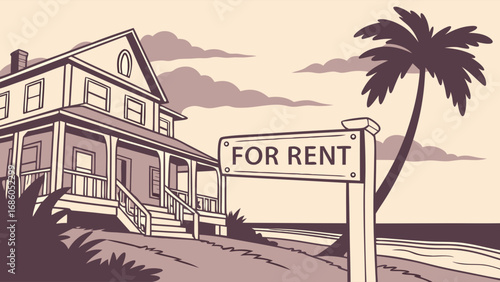 Coastal House for Rent Ocean View Vacation Home Summer Rental Illustration.