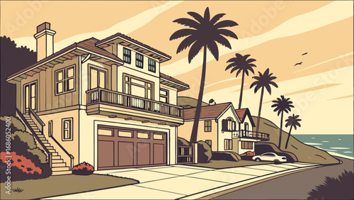 Coastal House Illustration Ocean View Home Palm Trees Sunset Residential Architecture Seaside Property Vacation Home Dream House Idyllic Scene Beachfront Summer Vacation Real Estate House Design Home.