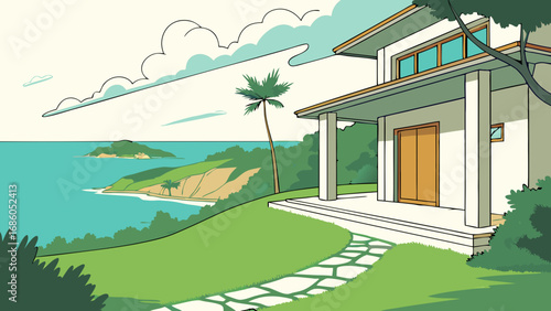 Coastal House Illustration Ocean View Home Tropical Landscape Summer Vacation Design Seaside Property Modern Architecture Green Grass Palm Tree Stone Path Exterior Design Idyllic Scene Dream Home Vac.