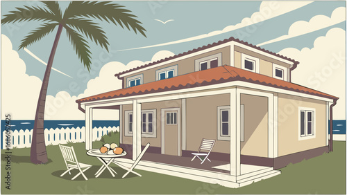 Coastal House Illustration Summer Vacation Home Tropical Beachfront Property Patio Scene Seaside Villa Two-Story House Palm Tree Outdoor Furniture Relaxing View Summer Vacation Holiday Home Beach Hou.