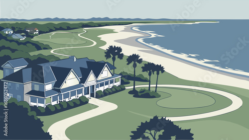 Coastal House Ocean View Beachfront Property Golf Course Illustration.