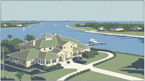 Coastal House Waterfront Property Luxury Home Aerial View Summer Vacation Real Estate Illustration Tropical Landscape Seaside Residence Oceanfront Calm Water Boats Palm Trees Green Grass Driveway Arc.